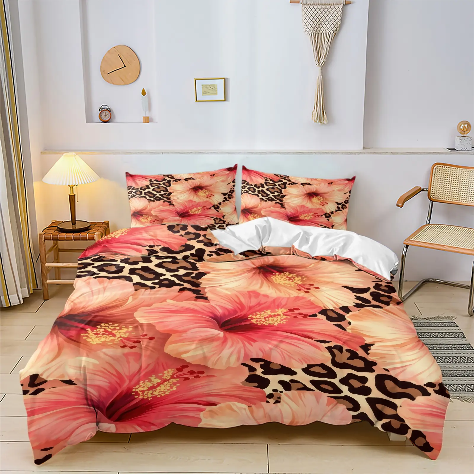 Retro Safari Leopard Hibiscus Flower Print Duvet Cover Set, Includes 1 or 2 Pillowcases, Warm Boho Tropical Bed Set All Size, Tan Cheetah Spot Floral Bedding, Coastal Vacation Dorm Decor, Wild Flower Art Lover Gift