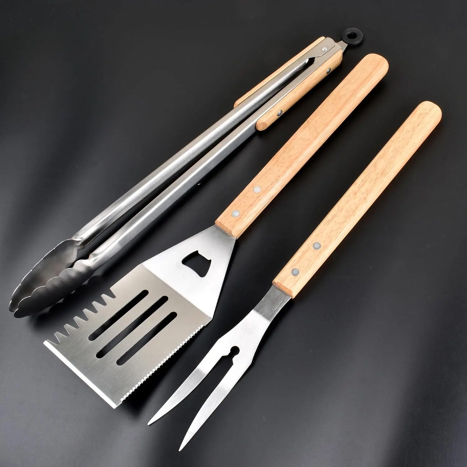 3 count Barbecue Tool Sets,Heavy Duty Stainless Steel and Wooden Handles BBQ Tool Sets,Grill Accessories,Grilling Spatula,Fork,Tongs for Outdoor Grill Cooking (Large BBQ Tools Set-)