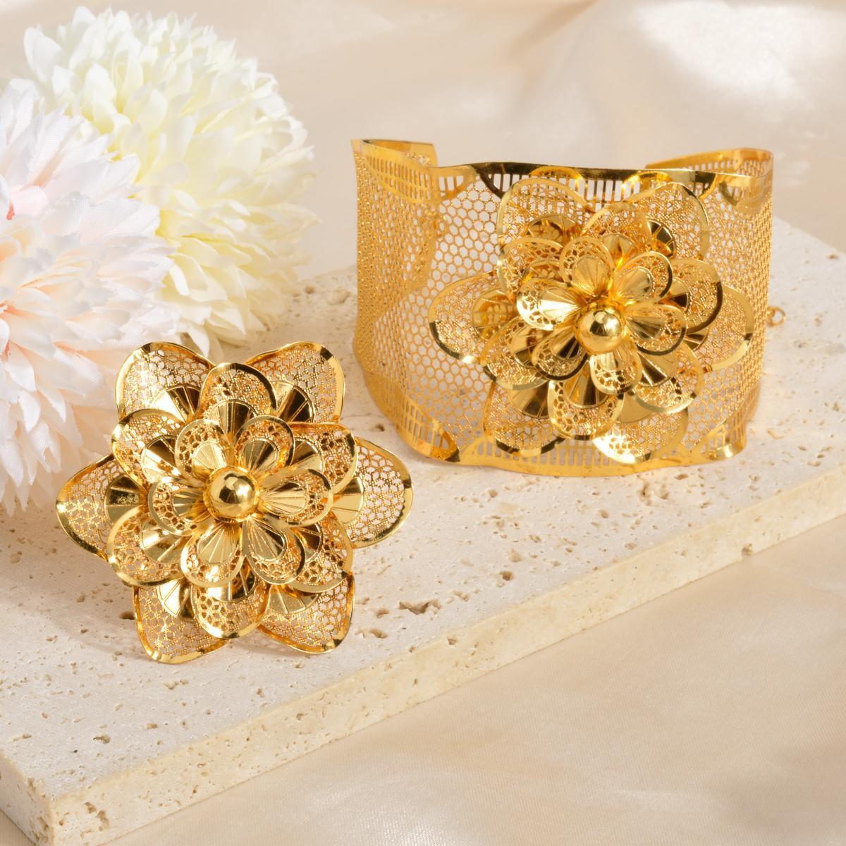 ZEADear Luxury Gold Plated Bangle Ring Sets Dubai Ethiopia France Indian Flower Rings Bracelet For Women Wedding Jewelry Gift