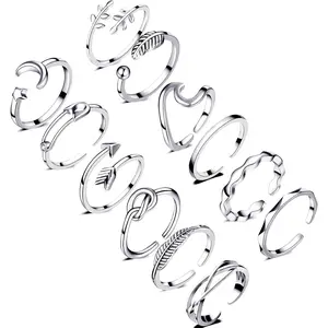 12PCS Silver Plated Rings Adjustable Open Rings for Women Cute Gold Plated Stackable Thumb Rings Joint Chain Midi FingerArrow Knot Wave Band Rings Set