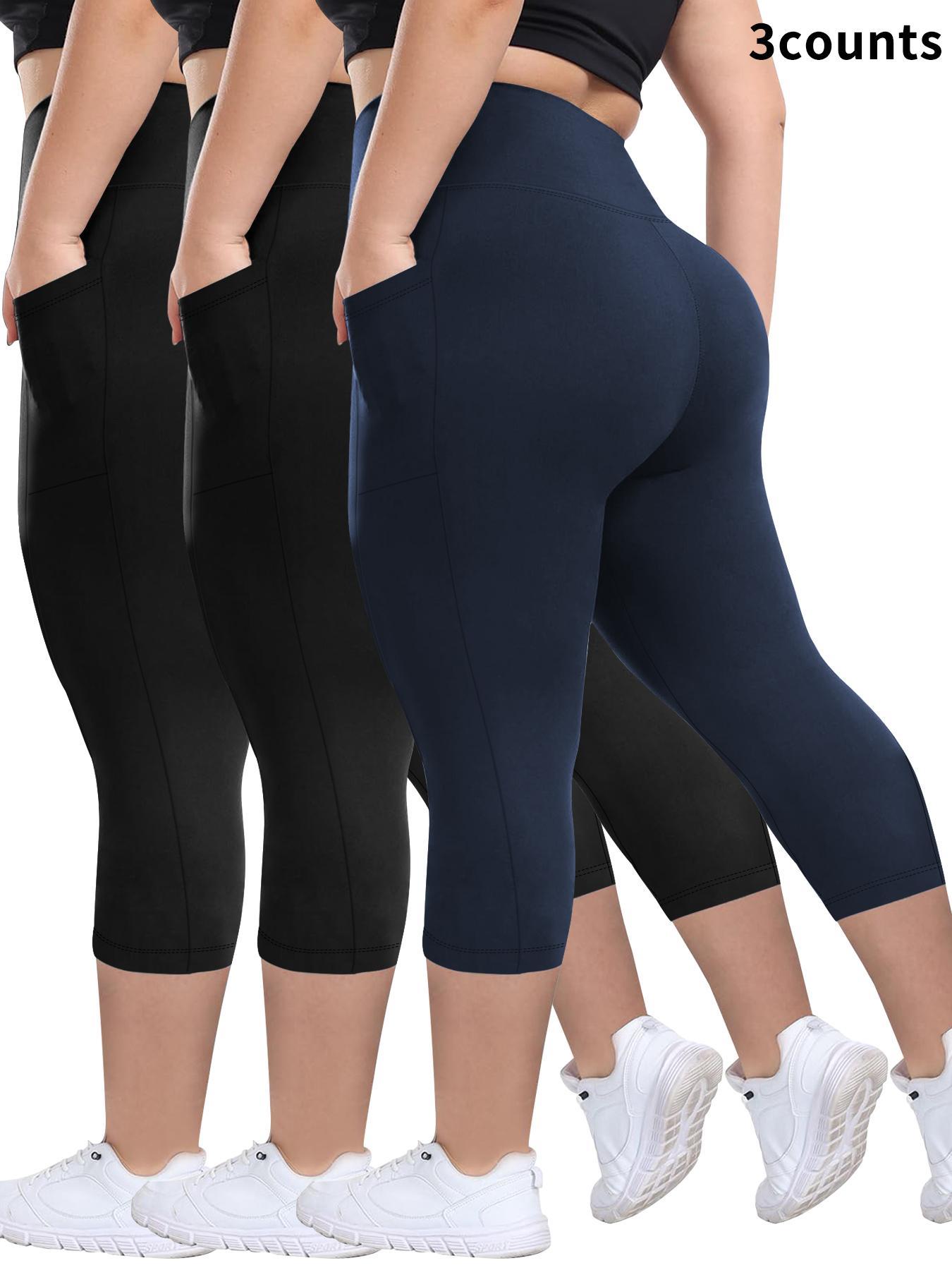 Plus Size Plain Pocket High Waist Capris Leggings, High Stretch Leggings, Casual Comfy Breathable Skinny Capri Pants for Daily Wear, Women's Plus Bottoms for Summer, Workout Clothes