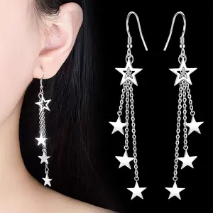 1 Fashionable New Net Red Tassel Pentagram Earrings Long Pendant Star Personality Dangle for Women
