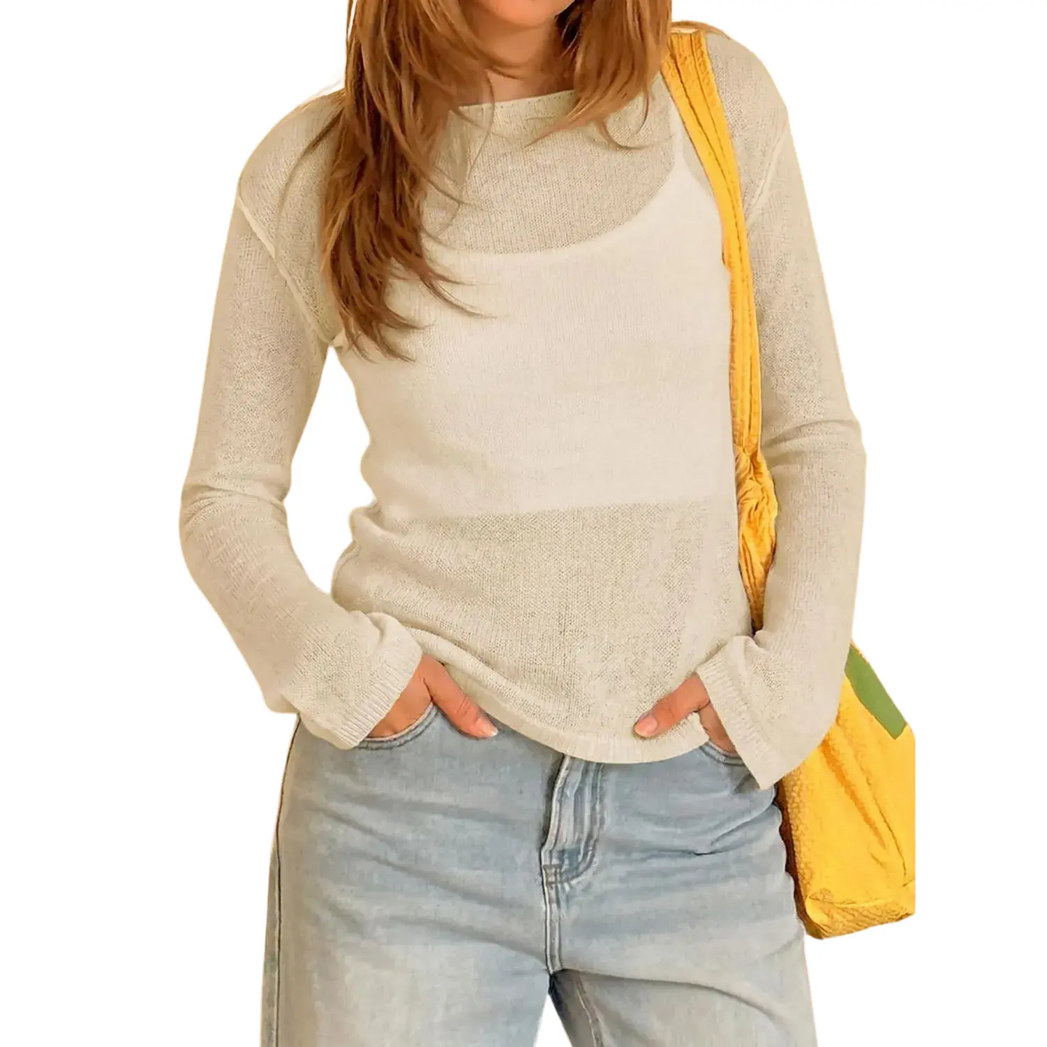 Beotyshow Womens Trendy Summer Fall See Through Shirt Boat Neck Long Sleeve Knit Casual Blouse Tops