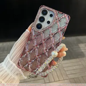 Gradient Glitter Aesthetic Rhombus Phone Case for Samsung Galaxy S26 S25 S24 S23 Ultra Plus, Pearl Bracelet, Luxury Protective Anti-Drop Cover