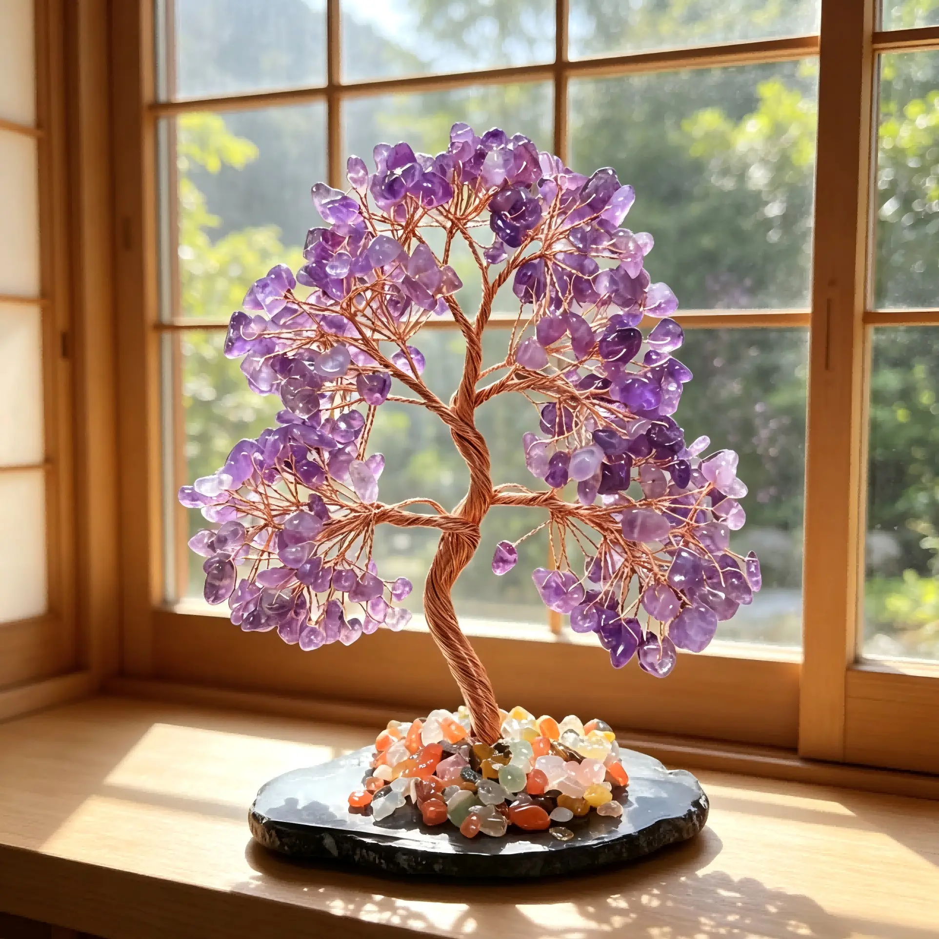 Natural High Quality Handmade Crystal Wealth Tree with Purple Agate Base, Crushed Stone Tabletop Craft Ornament, Luck Wealth Home Living Room , Reiki Chakra Healing Daily & Holiday  office  indoor funny yard creative   style grandpa space