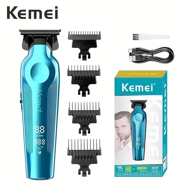 Professional Men's Hair Trimmer, Electric Beard Shaver with Zero Gap Blade, Rechargeable Grooming Machine, Kemei 264, Ideal for Precision Cutting