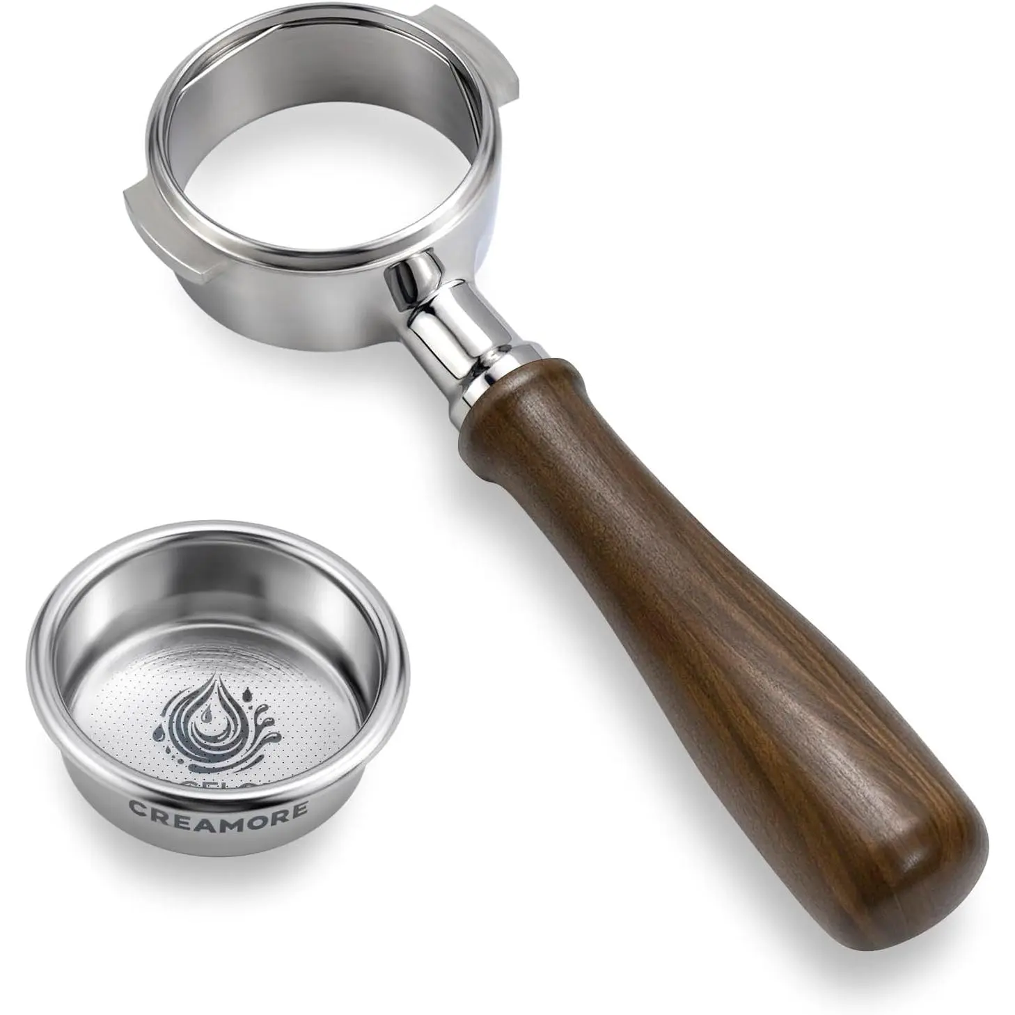 58mm 304 Stainless Steel Bottomless Portafilter with ARCFLOW 18g Convex Shape Basket & Solid Walnut Handle, Naked Espresso Portafilter for E61 Group, La Marzocco Machines, Arcflow Basket