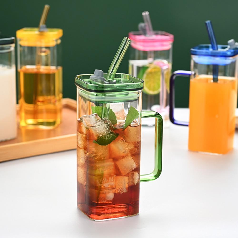 6 Sets Glass Cups with Lids & Straws, Square Drinking Glasses with Lids, Clear Highball Tumblers for Cocktail, Coffee, Juice, Beer, Modern Mixed Drinkware Jars
