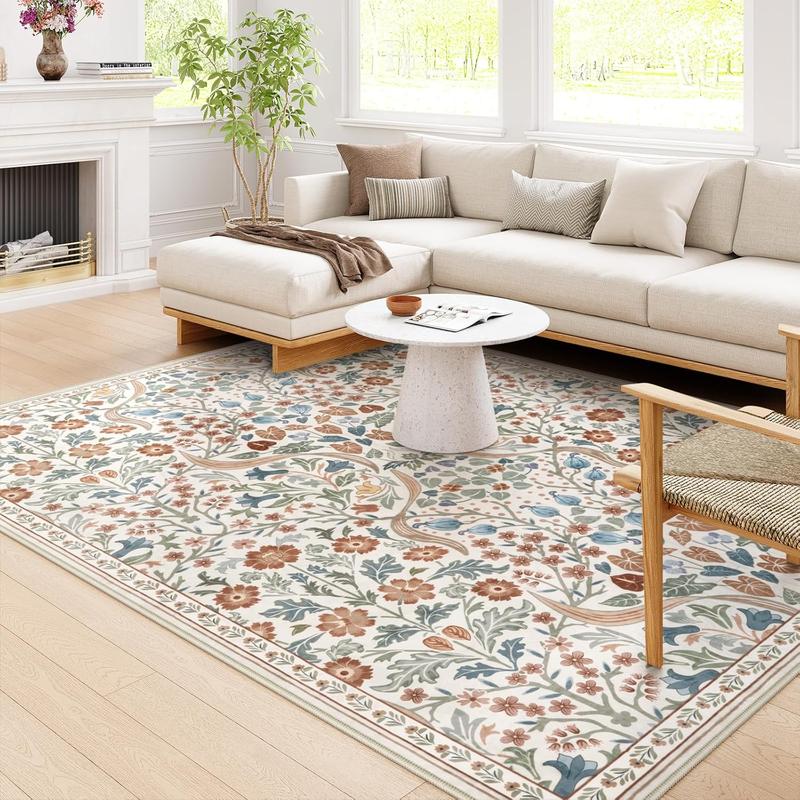 Moynesa Floral Washable Faux Cashmere Rugs, 8x10 Area Faux Cashmere Rug for Living Room, Soft Large Boho Bedroom Faux Cashmere Rugs, Flower Non Slip Ultra Thin Botanical Carpet for Dining Room Nursery Office, Beige