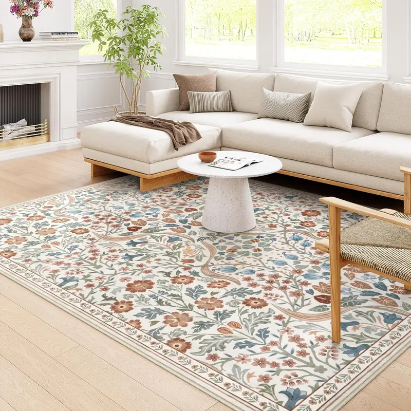 Moynesa Floral Washable Faux Cashmere Rugs, 8x10 Area Faux Cashmere Rug for Living Room, Soft Large Boho Bedroom Faux Cashmere Rugs, Flower Non Slip Ultra Thin Botanical Carpet for Dining Room Nursery Office, Beige
