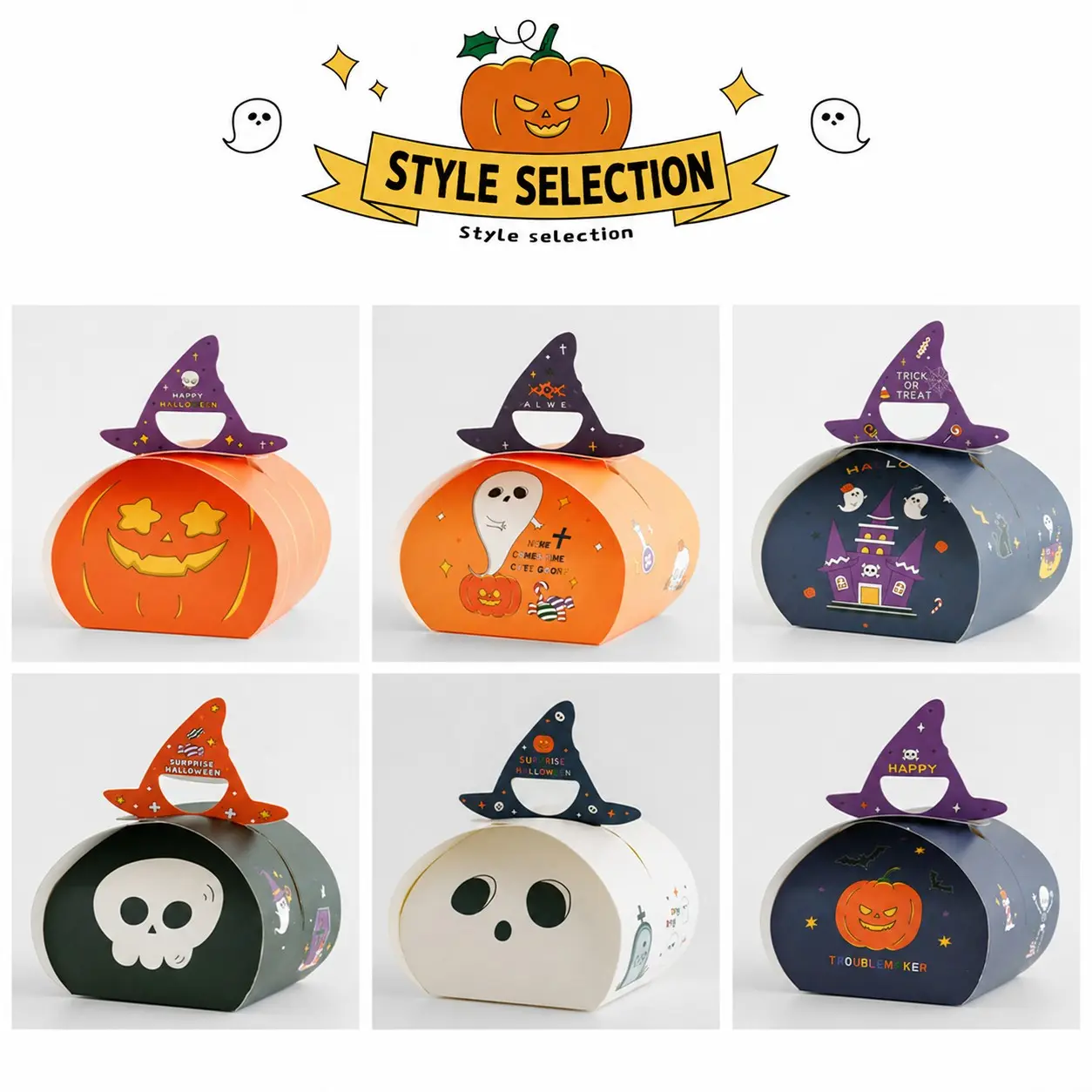 6/12pcs Halloween Treat Boxes with Witch Hat Handle, Cute Candy Cookie Gift Boxes, Trick or Treat, Party Favor Packaging & Decorations