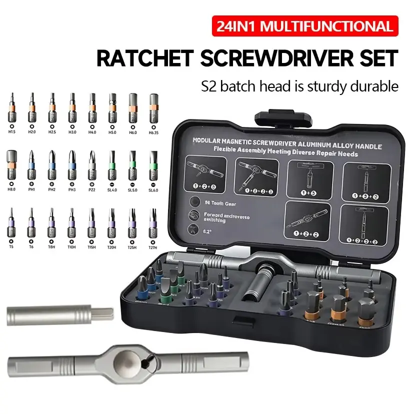 24-In-1 Magnetic Multi-Functional Screwdriver Set with Storage Box, Multiple Bits, Portable Compact Ratchet Tool Kit, DIY Adjustable Handle, Ideal for Computers & Bikes