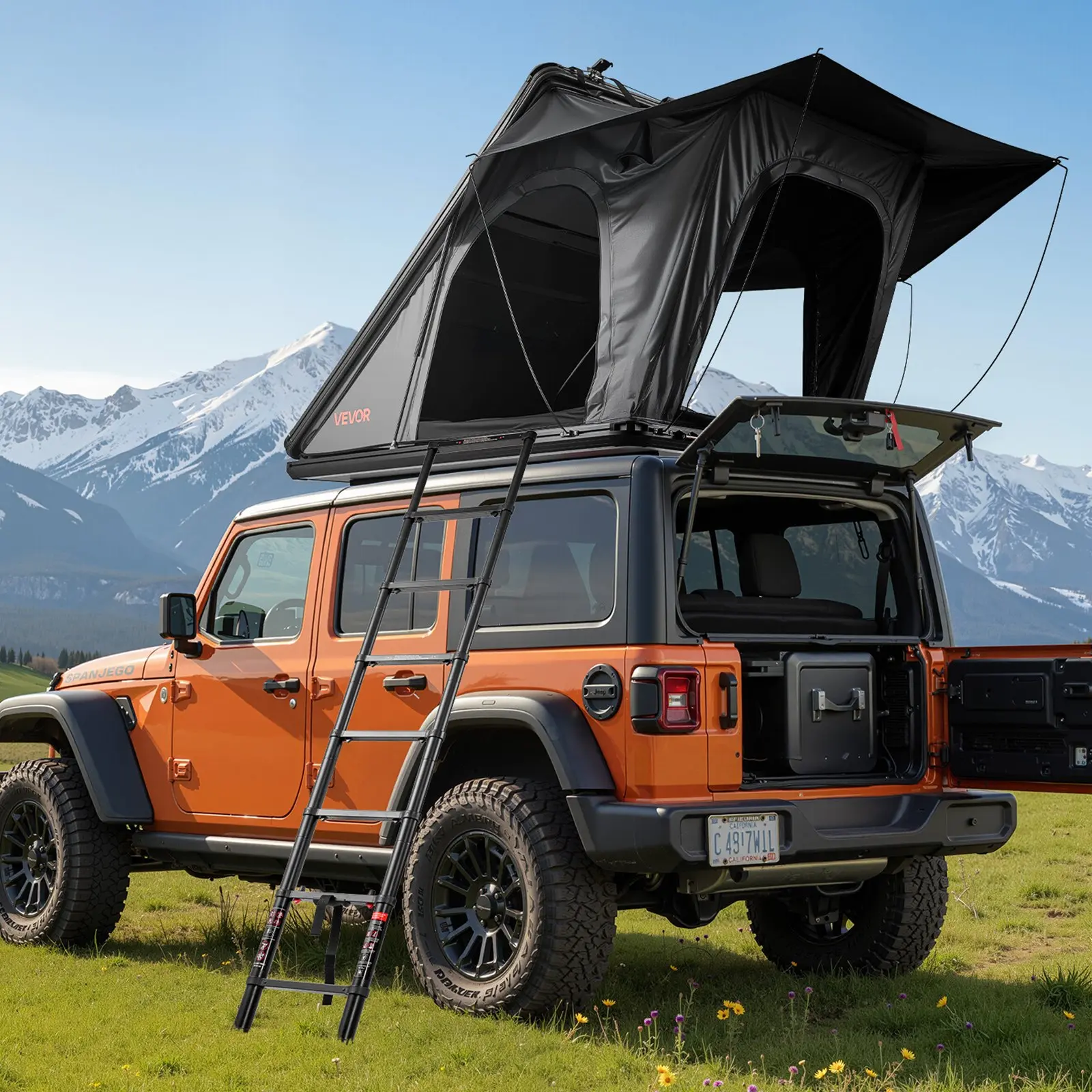 VEVOR Rooftop Tent Hard Shell, 2-3 Person Aluminum Roof Top Tent Hardshell with Tri-Color LED Light, Thick Mattress 1 Window, Waterproof Windproof Overland Camping Car Roof Rack for Jeep SUV Pickup