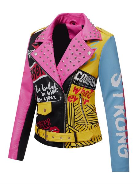 Women's PU Jacket with Belt, Casual Fitted Biker Jacket, Colorblock Animal Print Rivet Design, All Seasons Wearable Outerwear, Casual Fashionable Outerwear