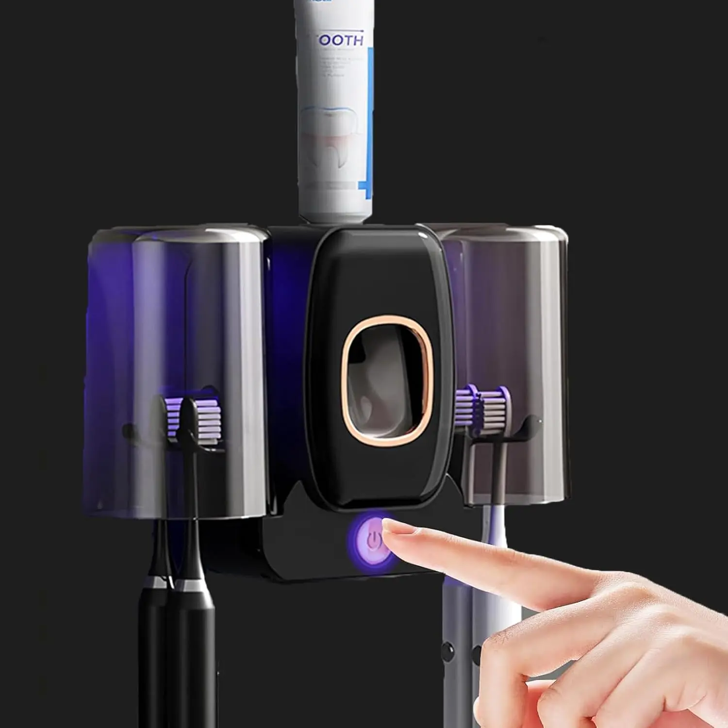 2Cups Wall-Mounted Toothbrush Sterilizer Holder with Toothpaste Dispenser - 4 Slots,3 in 1 Toothbrush Cleaner, No Drilling, USB Charging, for (Black-Cup)