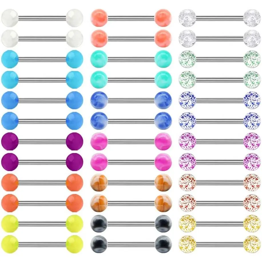 14G 36Pcs Stainless Steel Nipple Rings Tongue Rings Straight Barbell Bars Piercing 14mm 16mm 18mm in Length for Women Men