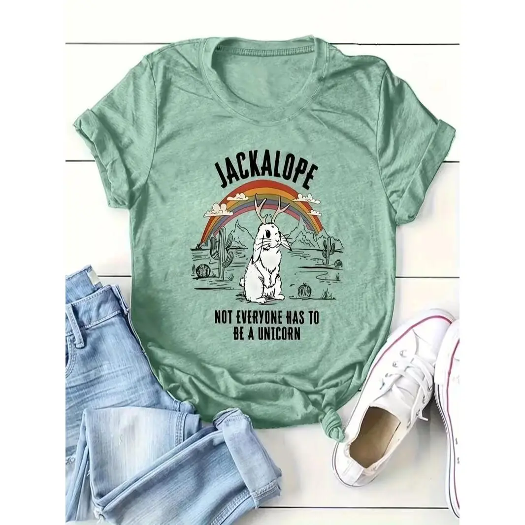 Women's Oversized Breathable Vintage Desert Jackalope Graphic T-Shirt - Unique Casual Top for Western Lovers, Ideal Gift for Teachers, School Wear Pairing with Skirts, Pastel Vintage Look, Graphic Print
