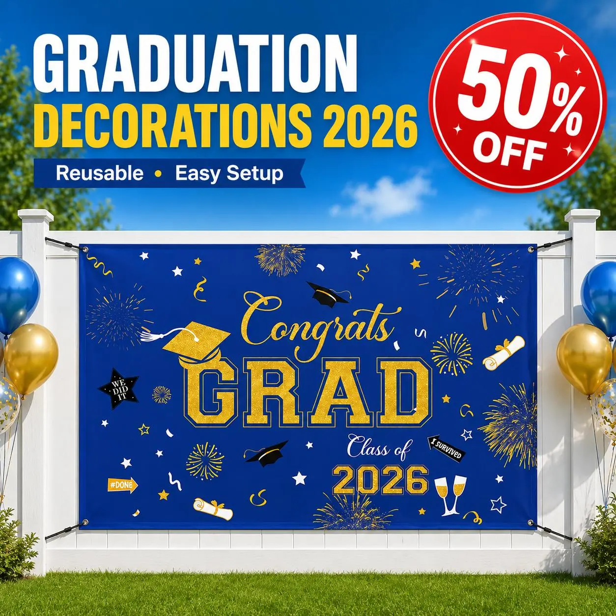 SummerVibes 47.24x70.87in Reusable Class of 2026 Graduation Blue Banner Backdrop, Bold Colors Photo Booth Background with Stars, Caps, Confetti, Easy-Install Festive Party Supply for Indoors