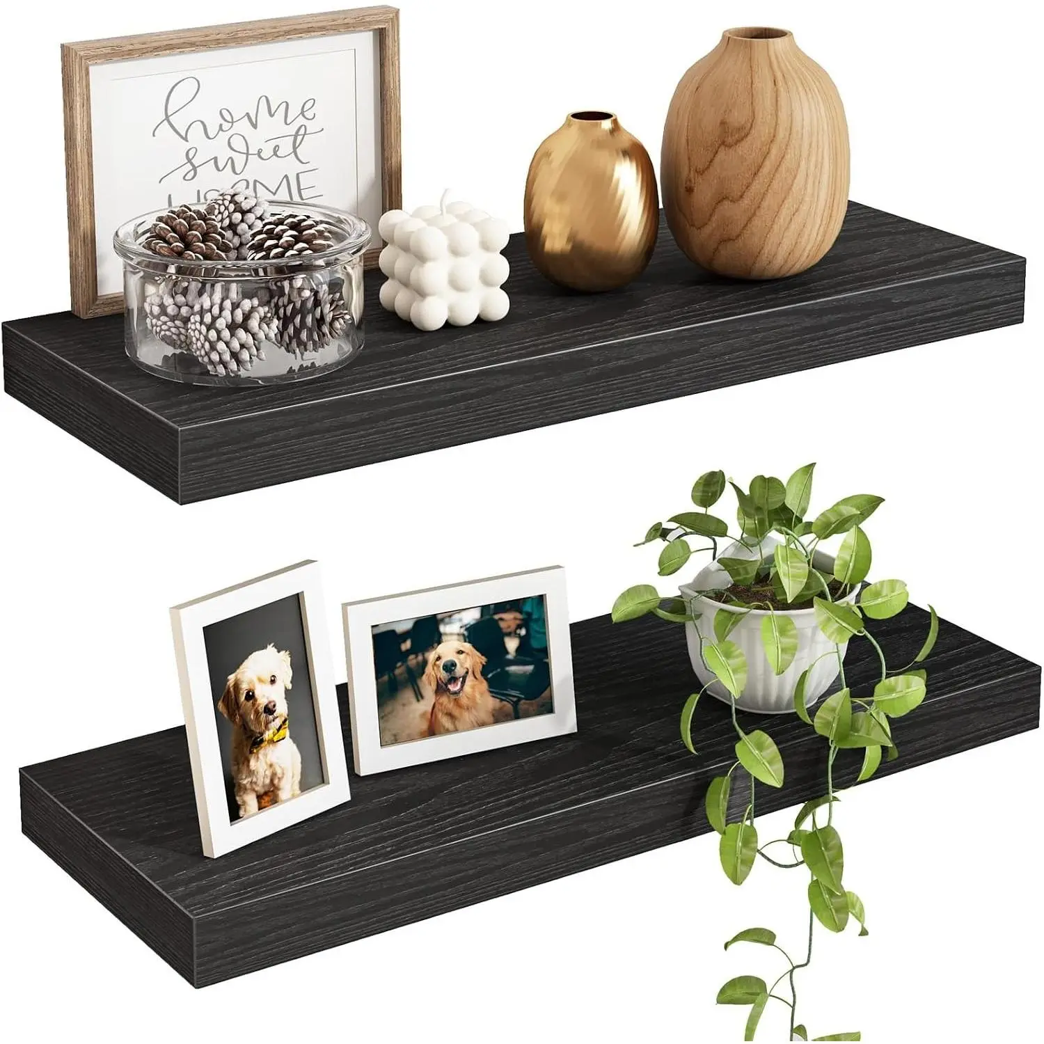 Black Metal Floating Shelves (Set of 2, 15.7in) - Wall-Mounted Decorative Shelf for Easy Installation, Living Room Storage, Books & Room Decor