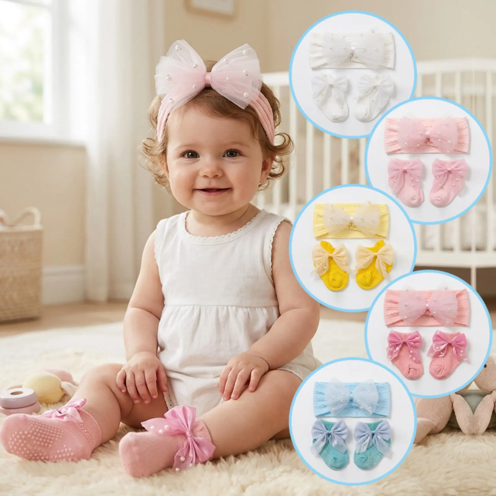 Women's 2-Pcs Matching Accessory Set - Vertical Rib Tulle Bow Wide Headband, Non-Slip Ankle Socks, Solid Pastels Casual Wear for All Seasons Daily Outdoor Use (Sports & Outdoor Accessories), Women's Matching Sets, Headband+Socks