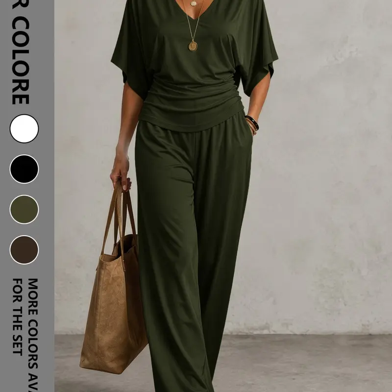 Women's Summer & Fall Two-Piece Set, Fashion Batwing Sleeve V-Neck Ruched T-Shirt and Wide-Leg Pants, Casual Everyday Comfortable Co-ord Set for Daily Wear