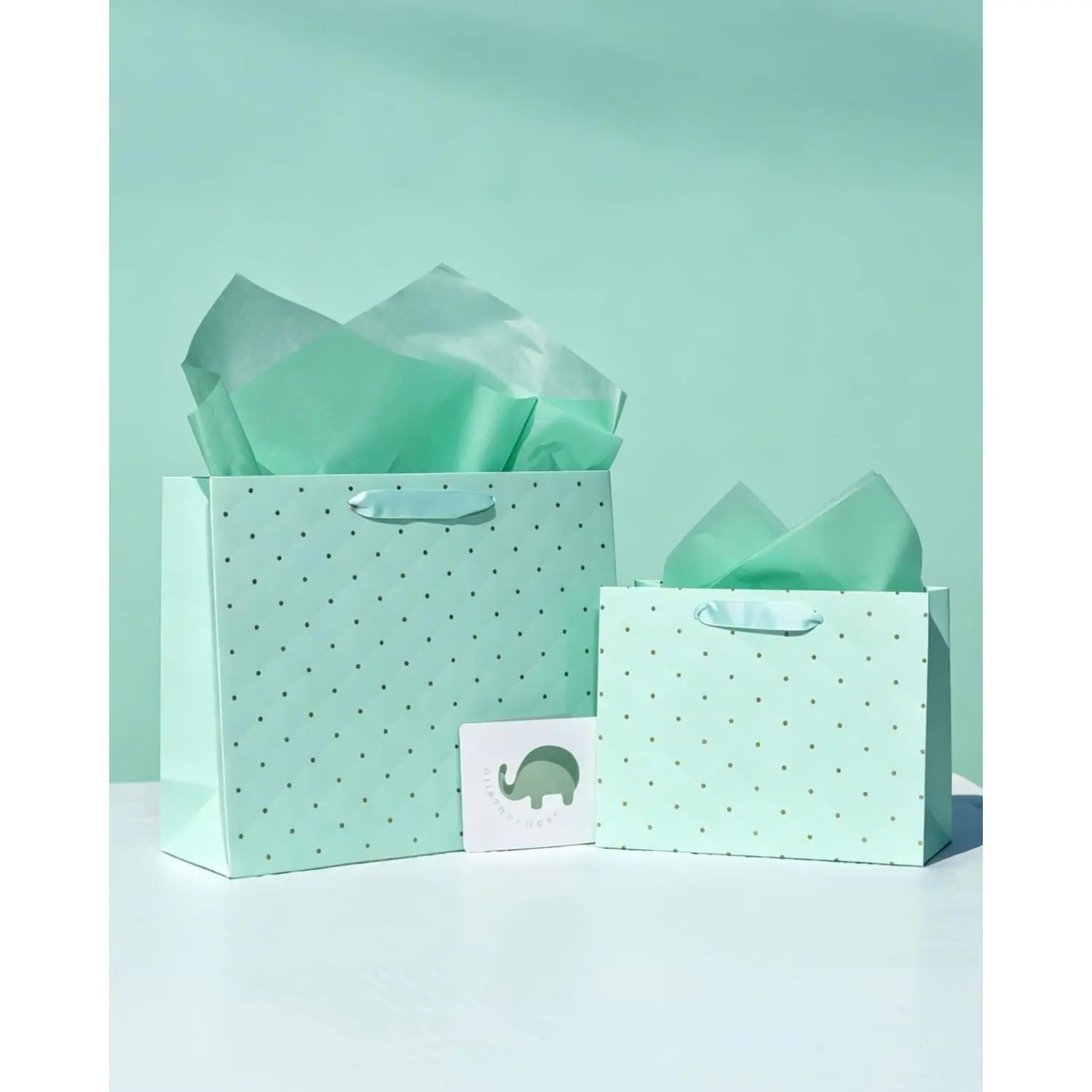 Green  Bags Set with Tissue Paper & Cards, 2-Pack  Sizes (Large & Medium), Luxury Quilted Embossed Design, Sturdy Handles,   Bags for Birthday,  Day, Wedding,  Shower, Holiday Gifts