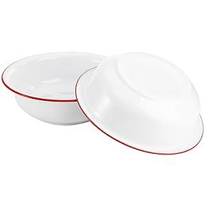 Set of 2 Enamel Bowls, 3 Quart Large Enamel Mixing Bowls, White Enamelware with Red Rim, 11 Inch Vintage Enamel Soup Basins for Fruit, Salad, Pasta, Dinner
