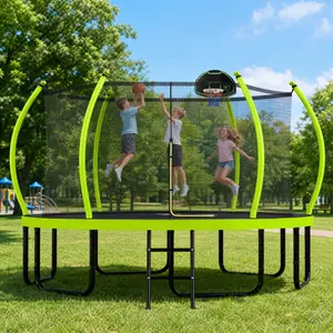16FT Trampoline with Basketball Hoop for Kids and Adults, Round Outdoor Trampoline with Enclosure Net & Curved Poles & Ladder,Green/Black (Sent out in 2 packages)