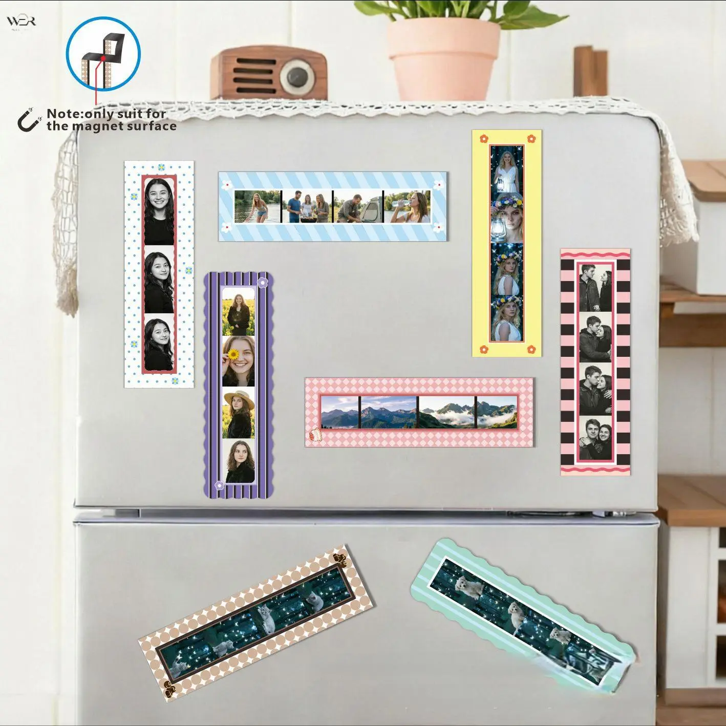 Cute Strip Photo Magnet Frames, Vintage Photobooth Photo Strip Magnetic Picture Holder, Colorful Decorative Refrigerator Photo Frame, Long Strip Magnet Photo Sleeves for 1.5x8 Inch Photo Strips, Multiple Sweet Pattern Designs