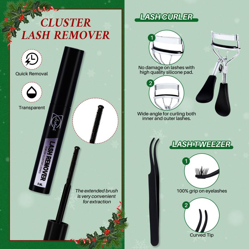 Wispy Individual Segmented False Eyelash with Lash Remover & Lashes Curler & Lash Glue & Tweezers Kit, DIY Eyelash Extensions, 1 Set Natural Curling Cluster Eyelash for Women Makeup