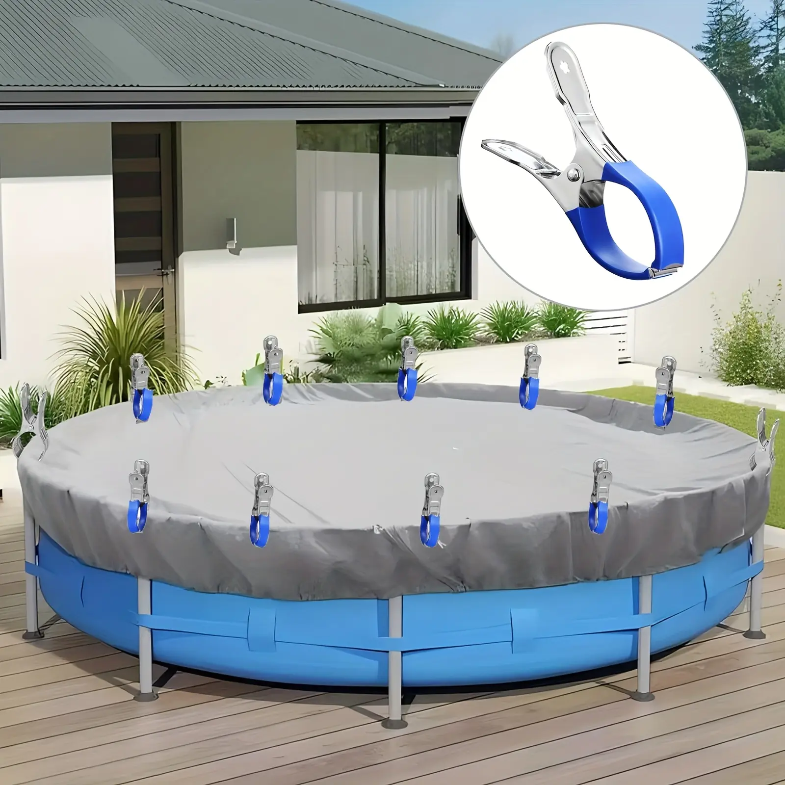 12 Durable Stainless Steel Pool Cover Clips with Blue Plastic Handles - Heavy Duty Windproof Spring Clips for Above Ground Pool Covers and Photography, Stylish Metal Clip Heads | urdy Plastic Handles