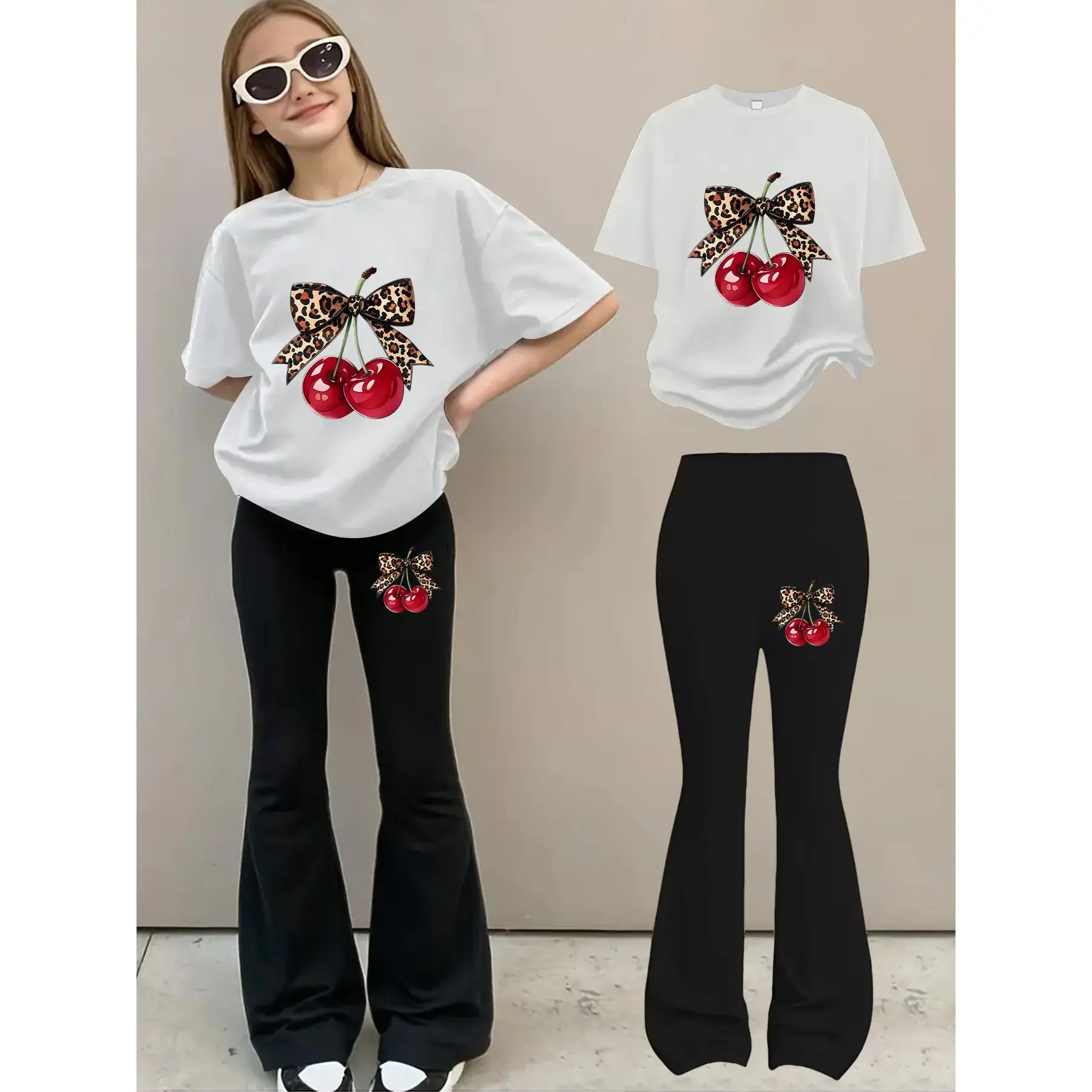 2pcs Girls' Creative Leopard Print Cherry Bow Print Fashion Set, Comfortable and Versatile Round Neck Short Sleeve T-Shirt and Flared Pants Set, Soft, Stretchy, Skin-Friendly, and Not Stuffy, Girls' Casual Daily Outing Comfortable and Stylish Set