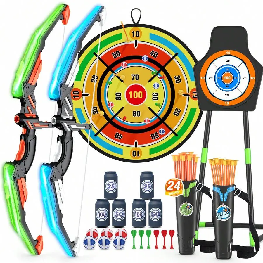 Bow and Arrow Set (2-Pack) with 29" Large Dart Board, LED Lights Archery Kit, 24 Suction Cup Arrows, Indoor/Outdoor Sport  Gifts for 3-12 Year Old Boys Girls