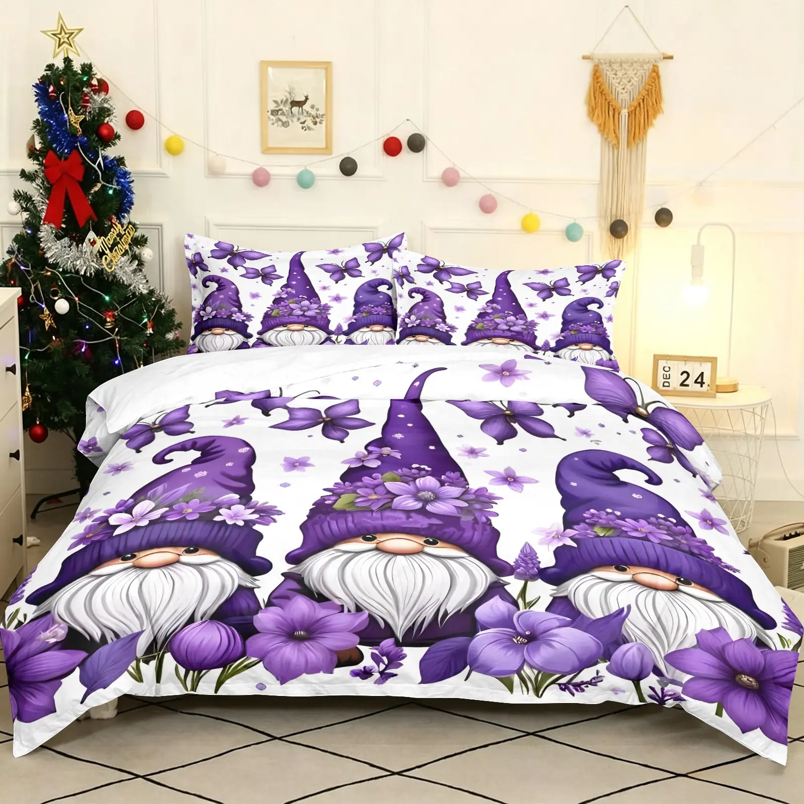 Christmas Gnome Duvet Cover Set, Purple Floral & Butterfly Print, Include 1 Duvet Cover & 1‑2 Coreless Pillowcases, Skin‑friendly & Breathable Fabric, Festive Farmhouse Style Bedding, Home Decor, Great For Christmas Gifts