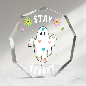 Halloween Themed Acrylic Plaque, Cute Ghost Pattern Decorative Ornament, Desktop Decoration for Home Office, Gift for Friends & Family, Signs