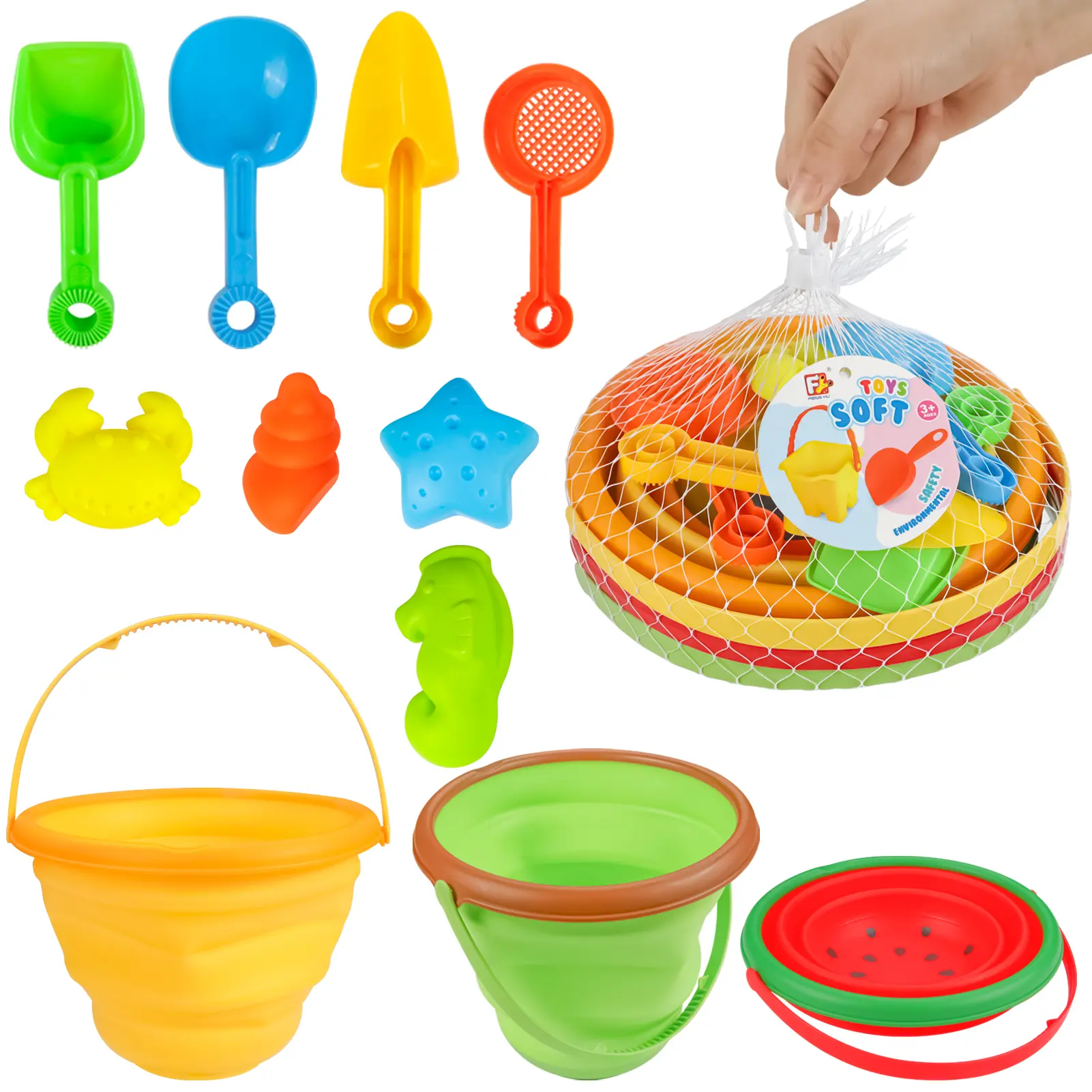 Kids' Multipurpose Silicone Collapsible Beach Play Bucket Set Pack - 3PCS 2.5L Compact Fold Bucket, Shovels, Sand Molds - Travel-Ready Home Supplies for Outdoor, Camping