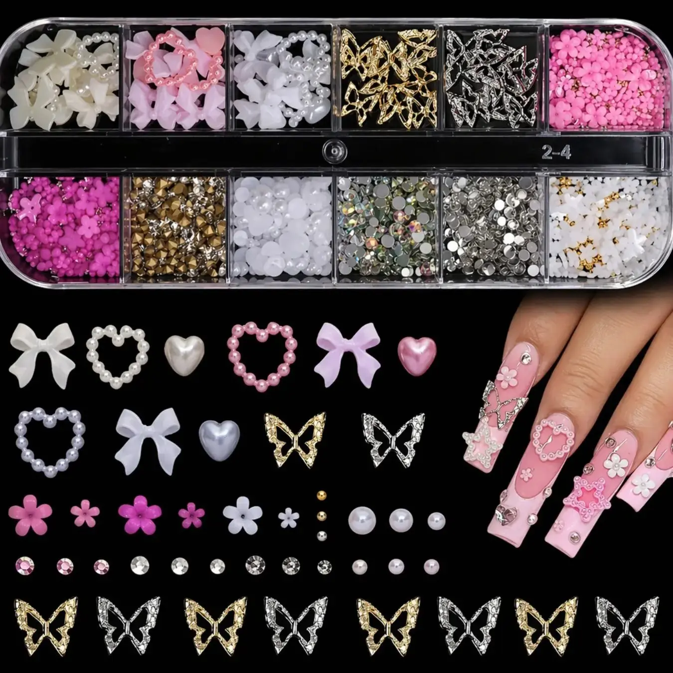 95pcs 3D Y2K Nail Charms Set, Rhinestones, Pearls, Diamonds, Butterflies, Bows, Hearts & Flowers, Nail Art Decoration, Nail Art Supplies