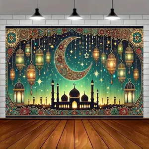 Eid Celebration Banner Backdrop Islamic Festive Style Polyester Fiber Tapestry Wall Hanging Photography Background Ramadan Party Home Living Room Mosque Studio Indoor Outdoor Durable Fabric