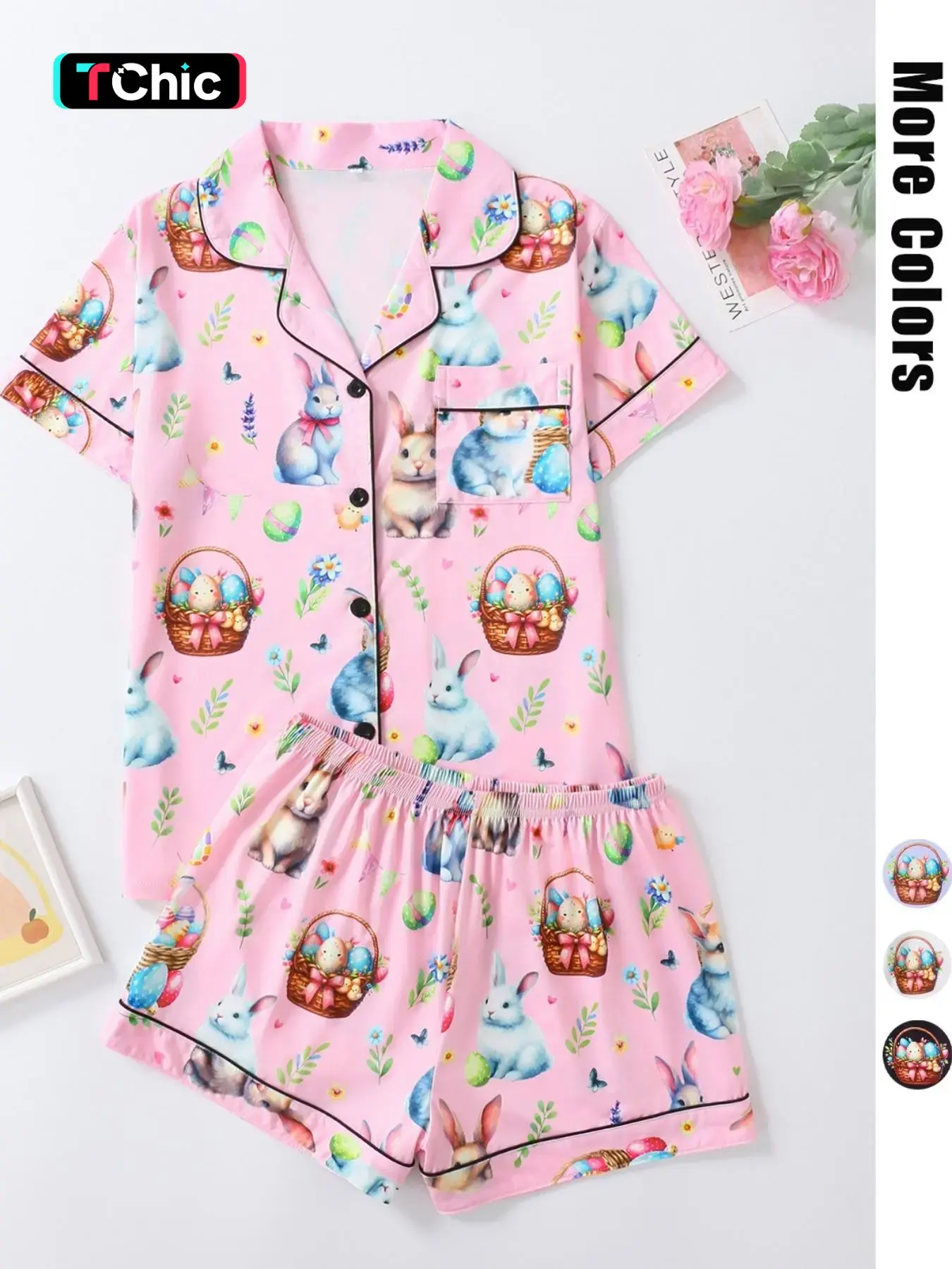 Easter Bunny Full Print Women's Pajama Set, Collared Button Short Sleeve Top and Loose Comfortable Shorts, Sweet Cute Sleepwear
