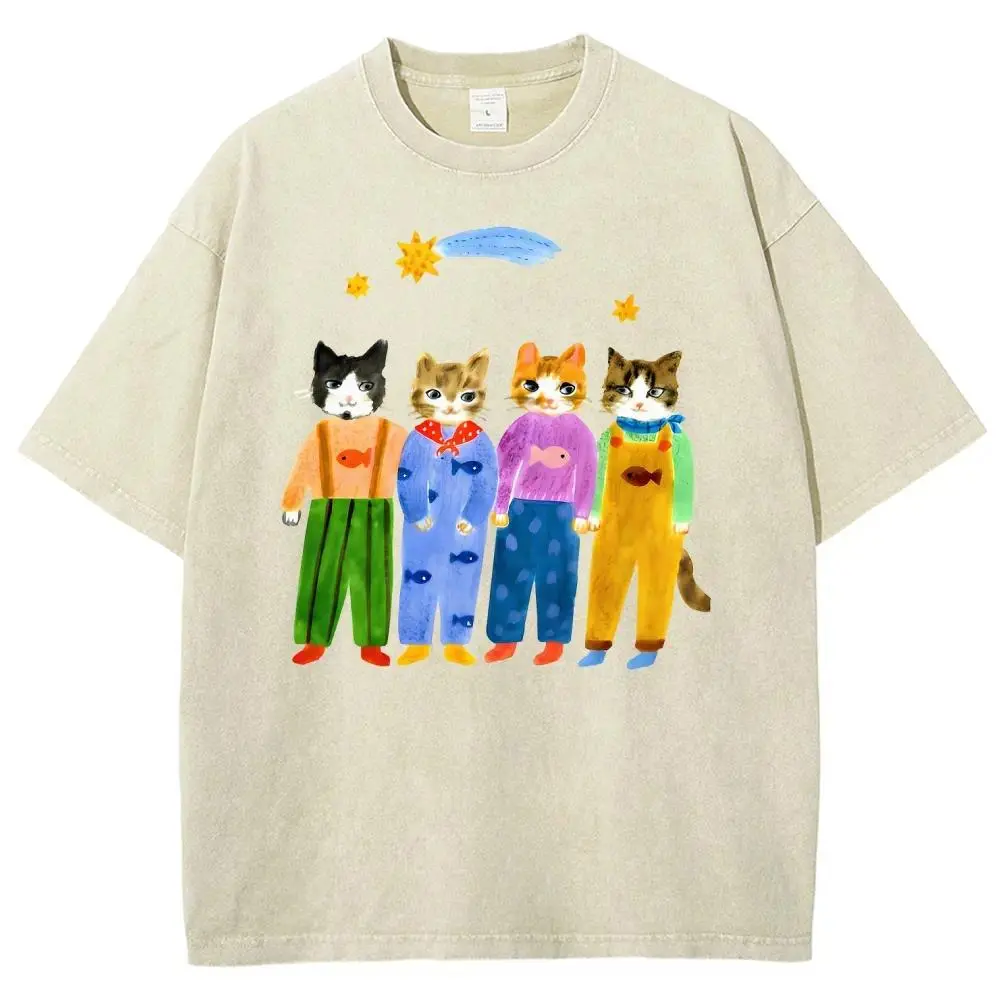 Unisex Vintage Mineral Washed Graphic Tees Hand Painted Four Cute Cats In Colorful Overalls Star Comet Retro 90s Cat Lover Casual Streetwear T-shirt