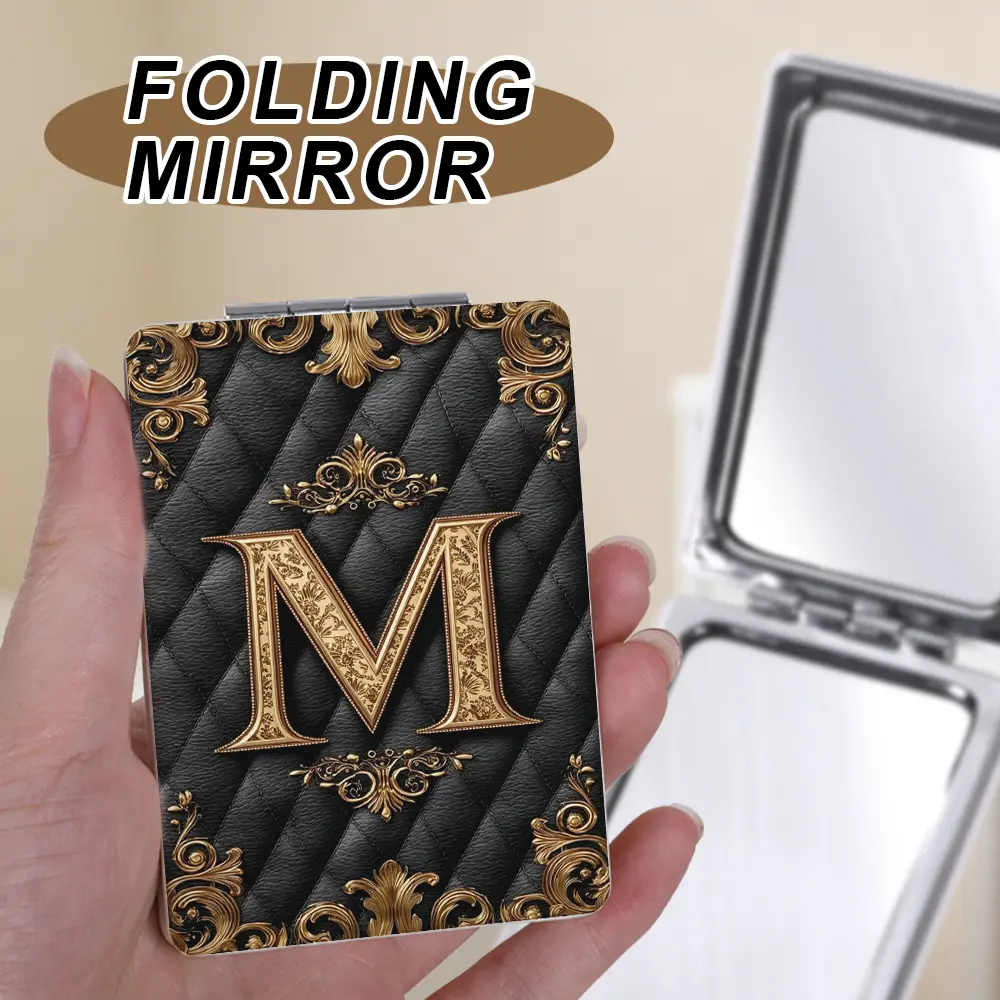 1pc Black Quilted Leather Initial Compact Mirror for Purse, Luxury Vintage Gold Baroque Monogram Pocket Mirror with 1X/2X Magnification, Portable A-Z Letter Travel Makeup Mirror, Elegant Gifts for Women