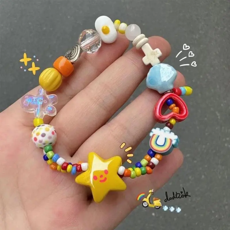 Women Girls' Handmade Stretch Rope Beaded Bracelet - Cute Star Pull-On Wristband, Party Wear Arm Candy Accessories, Casual Charm Stacking Costume Jewelry, All-Season Fashion Accessory