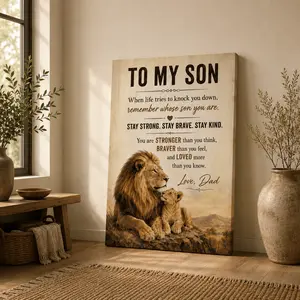 Father Son Lion Canvas Wall Art, Inspirational Decorative Poster Print, Rustic Wildlife Quote Wall Decor for Son Bedroom Kids Room Nursery Living Room Study Office, Available as Unframed Canvas Poster or Framed Canvas Wrap
