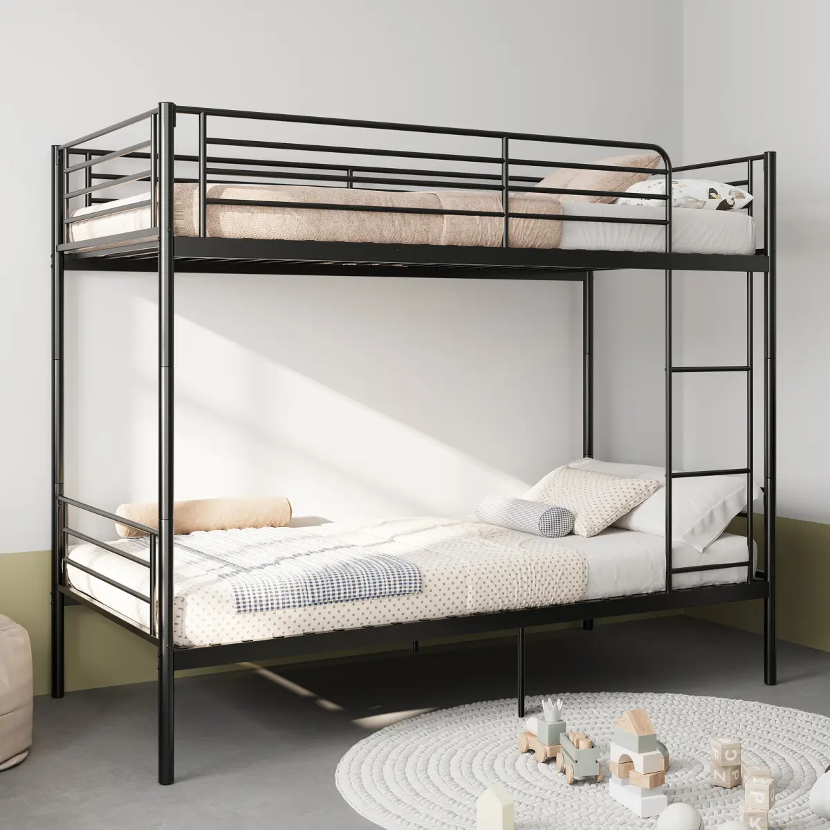 Bunk Bed with Ladder and High Guardrail, Able to Split, Metal Bunk Bed, Storage Space, Noise Free, Twin Over Twin Size, Black