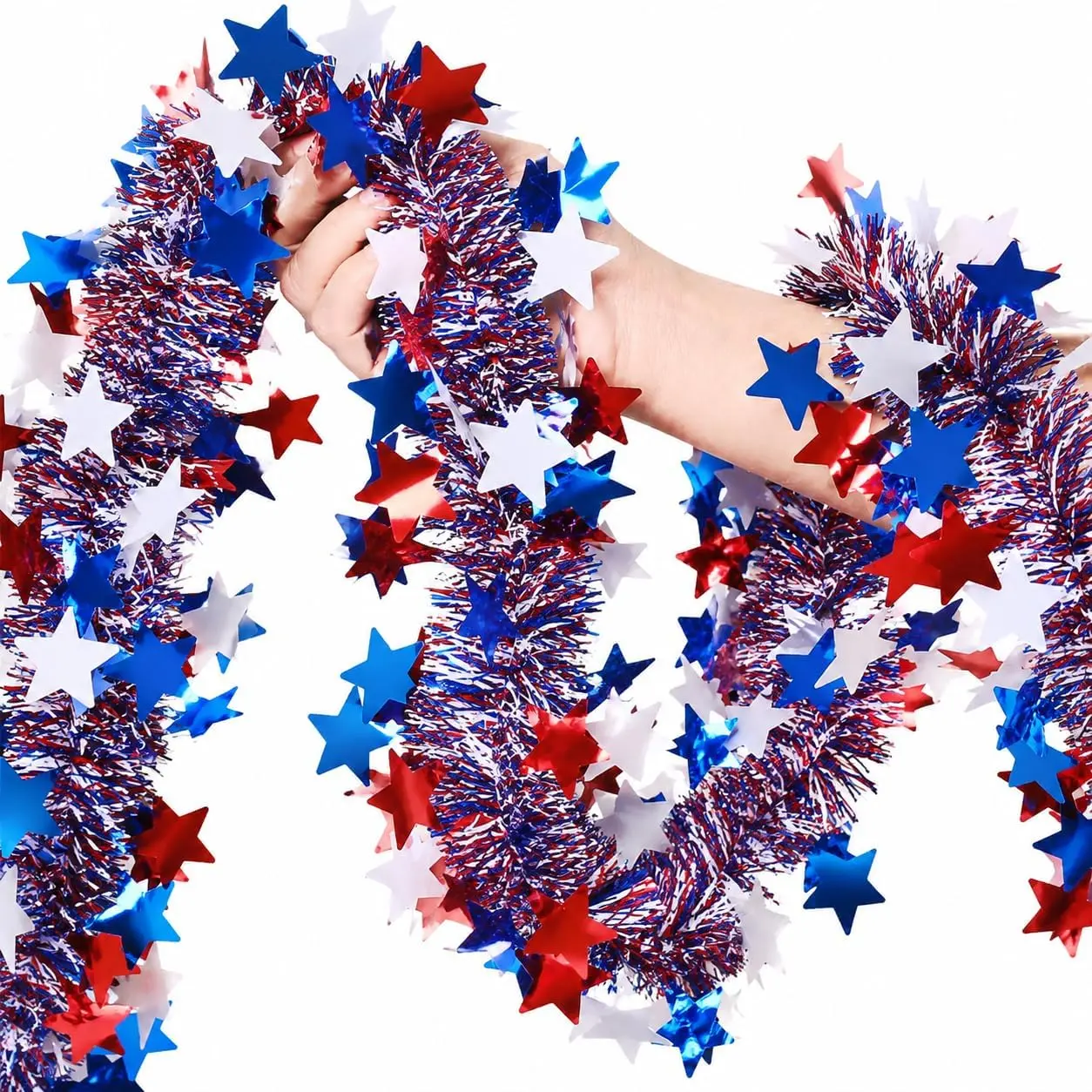 4th of July Garland 50Ft Red White Blue Tinsel Patriotic Decor for Golf Cart Car Parade Boat Tree Indoor Outdoor Memorial Day 250th Anniversary Independence Day Party