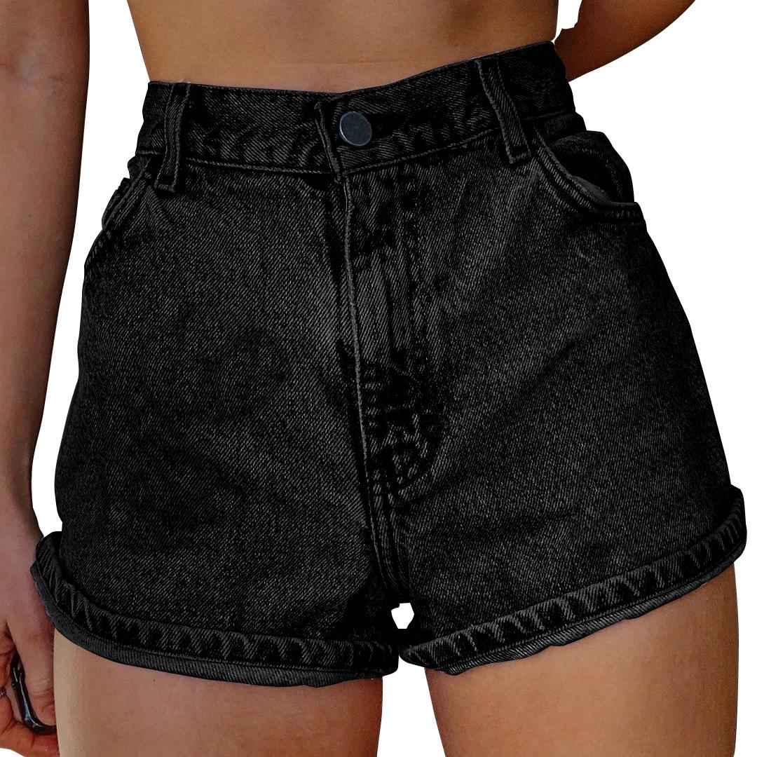 New2025 Artistic Retro Women's Denim Shorts with Multiple Pockets, Printed Design, Jean Blue, Fitted Style, Summer Casual & Versatile Womenswear