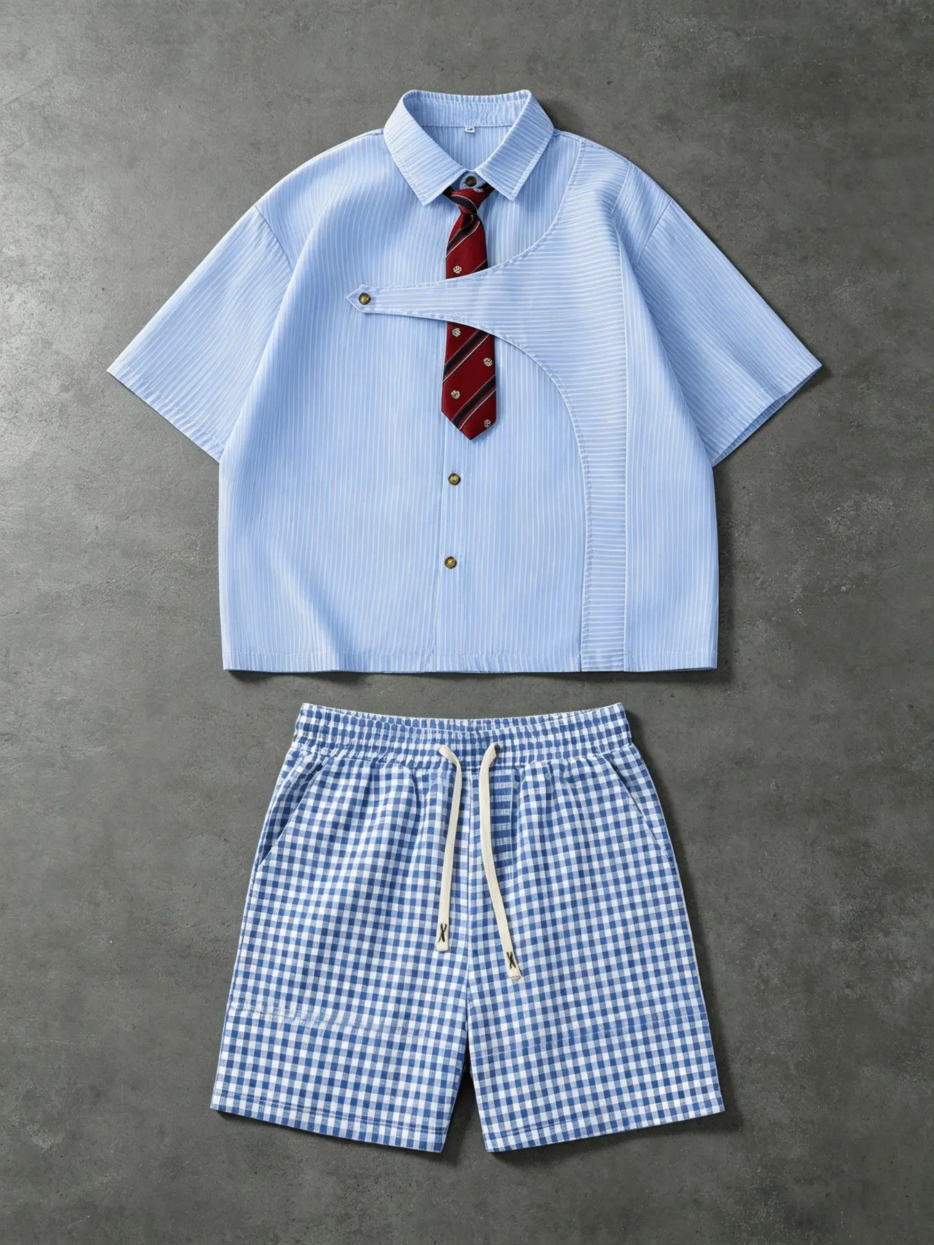Two-Piece Set Striped Short Sleeve Shirt with Tie + Plaid Drawstring Shorts, College Style Y2K Streetwear Summer for Couples