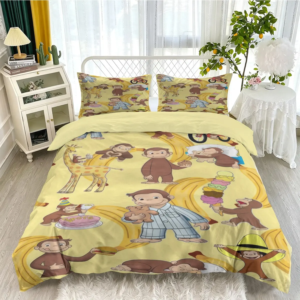 2/3pcs Curious Monkey Cartoon Duvet Cover Set, Banana Giraffe Cake Ice Cream Print Bedding Set, Children'S Cartoon Ip Style, Soft And Comfortable, 1 Duvet Cover + 1/2 Pillowcases (Without Insert), Suitable For Children'S Bedroom Bedding Set