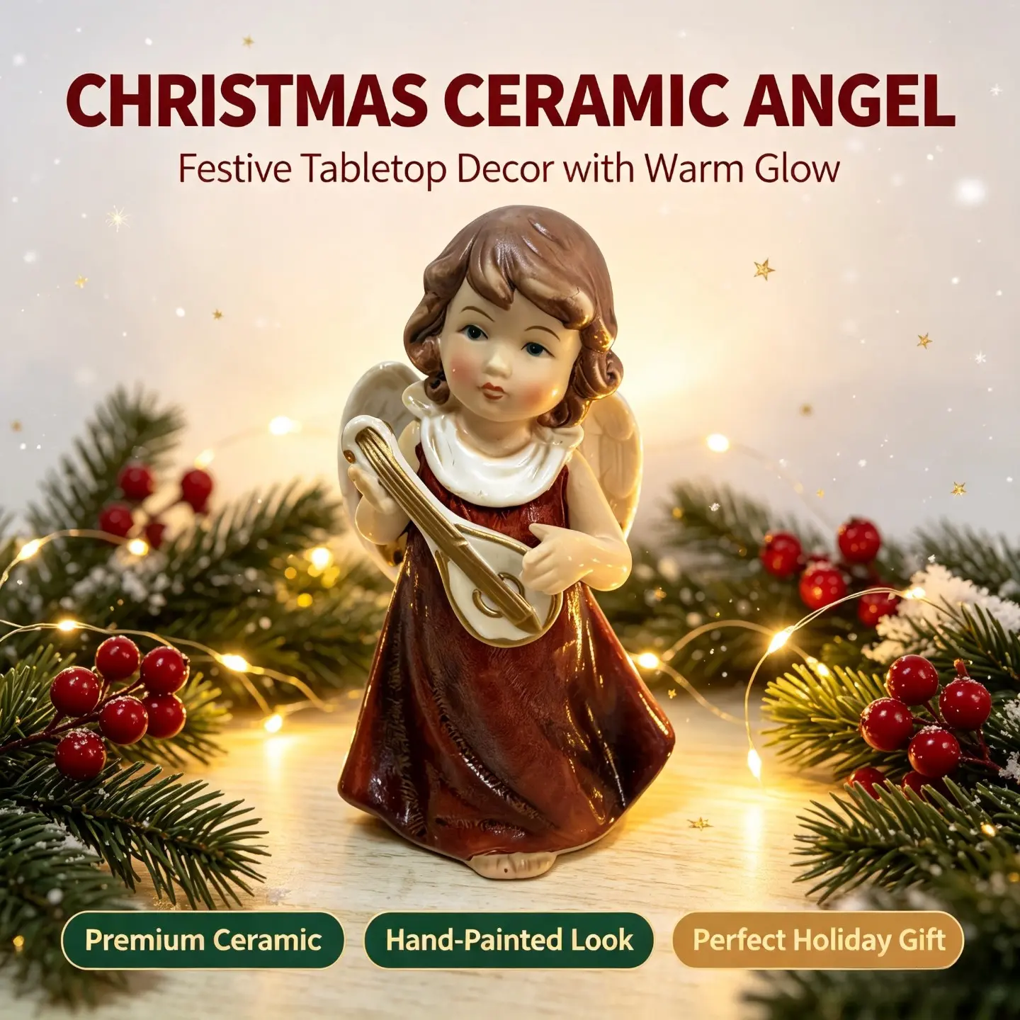 Lovely Hand‑Painted Ceramic Cherub Angel Figurine Playing Lute Instrument, Vintage Porcelain Christmas Tabletop Statue Ornament, Warm Glow Festive Mantel Shelf Home Decor, Cozy Winter Holiday Desktop Centerpiece, Ideal Xmas Gift, Thanksgiving New Year Hou