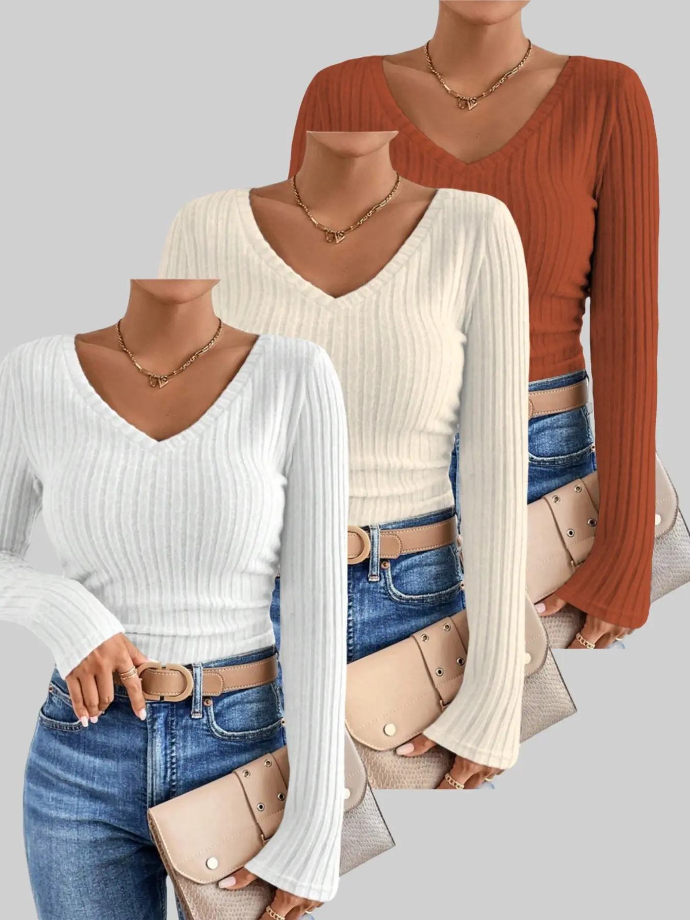 Women's V Neck Long Sleeve Top Slim Fit Three Piece Set, Knitwear Casual Basic T-Shirt, Solid Color Tight Y2K Spring Autumn